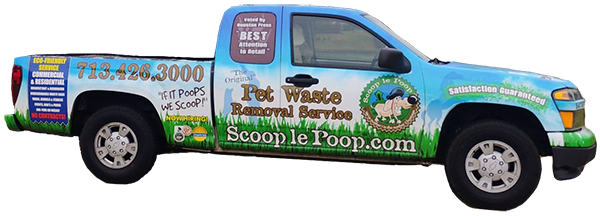 Scoop le Poop company truck showing truck wrap which has a blue background with grass accents and marketing info such as the phone number and various company slogans.
