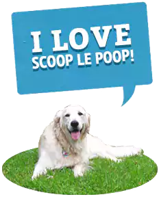 Dog waste removal graphic with a golden retriever laying on grass and a speech bubble saying "I love Scoop le Poop".