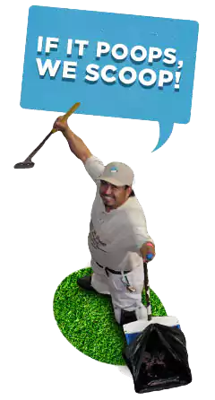 Scoop le Poop employee with waste specialist tools and a speech bubble saying company slogan, "If is poops, we scoop"